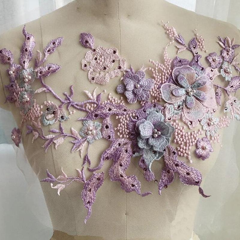 3D Flower Beaded Lace Fabric Applique Embroidery Sewing On Patches For Wedding Evening Dress Clothing Patch Sewing Accessories