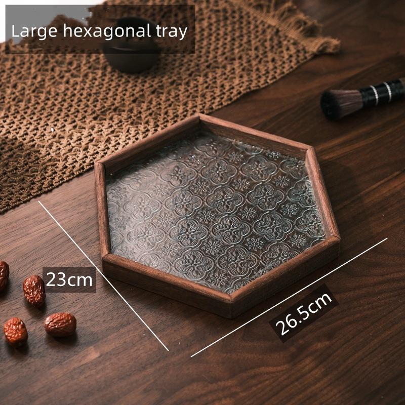 Vintage Wood Crabapple Glass Walnut Snack Storage Box Rectangular Tea Tray Dried Fruit Dim Sum Tray Household Tray