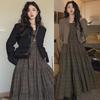 Plus Size Spring & Autumn Korean Suit: Plaid Suspender Dress + Slim Jacket Set (Fits Up To 200 Lbs)