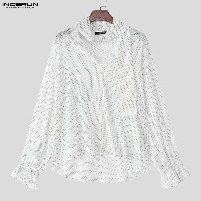 INCERUN Мужские блузки с длинным рукавом, полупрозрачные, в горошек, оверсайз, повседневные