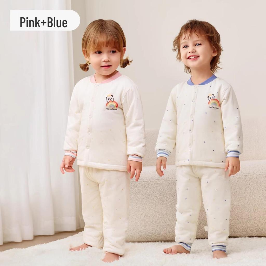 Детский пижамный комплект Jingqi из стеганого хлопка с высокой талией и защитой животика - Теплая, регулирующая температуру домашняя одежда для осени и зимы