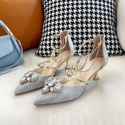 Мода Мода Остроносые Босоножки Стилетто Летние Новые Баотоу С Мелким Вырезом С Пайетками Металлическая Цепочка Нескользящие Износостойкие Каблуки