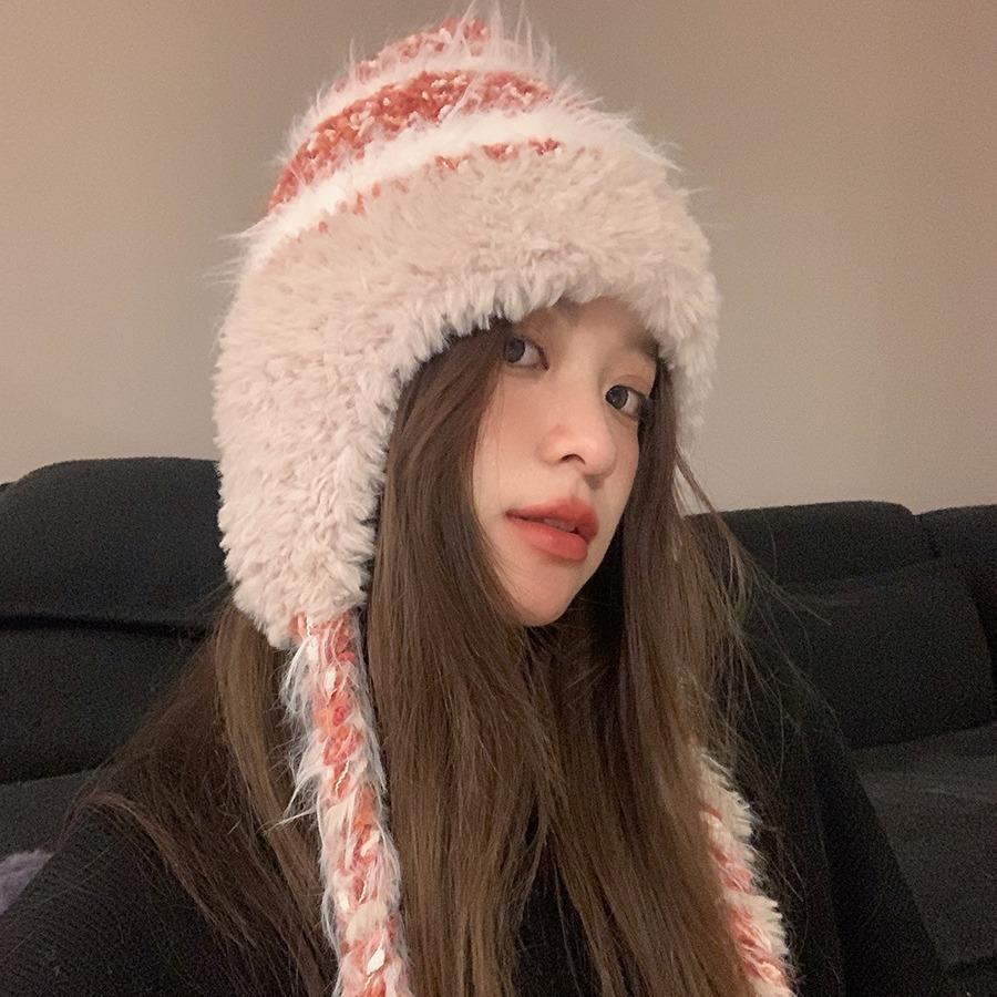 Autumn and Winter Striped Splicing Wool Hat Women's Velvet Thickened Warm Ear Protection Big Head Circumference Lei Feng Knitted Hat