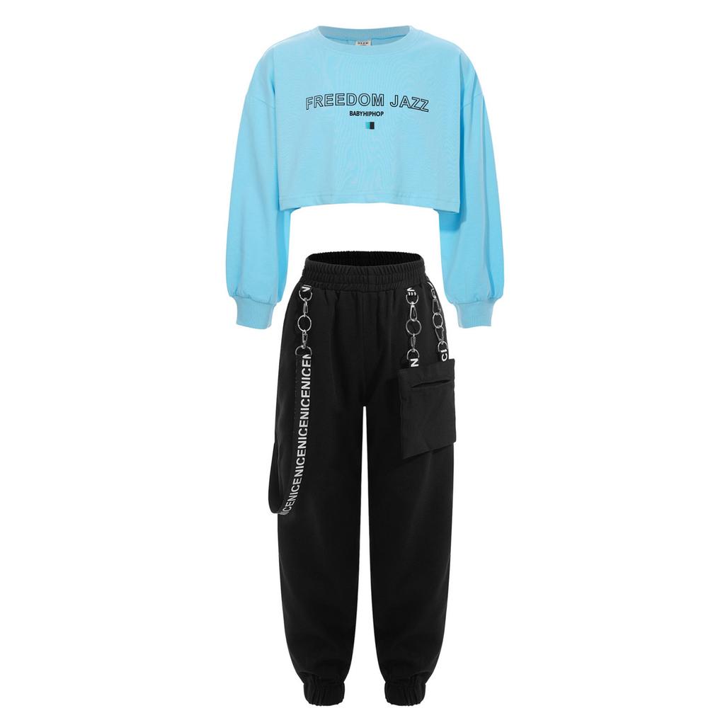 Детский укороченный топ с круглым вырезом и длинными рукавами с буквенным принтом для девочек и брюки для джазовых танцев, хип-хопа, скейтбординга