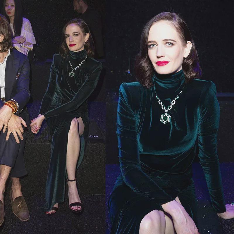 Осеннее платье 2025 года из темно-зеленого бархата с высоким разрезом, украшенное звездами, асимметричное длинное платье