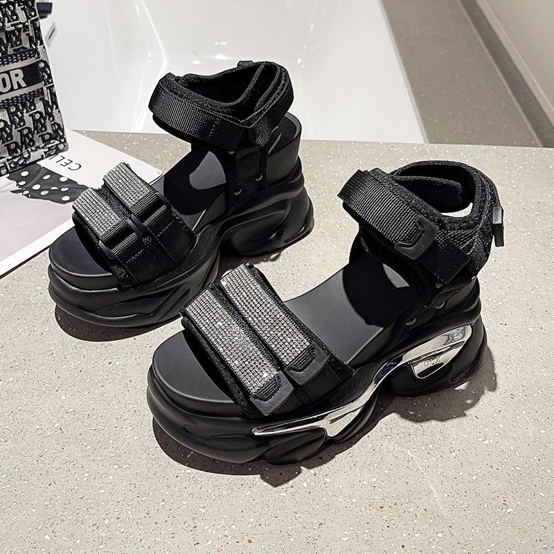 Fashion 10CM High Heels Ladies Crystal Beach Slippers Chunky Shoes Sandalias Mujer Platform Bling Sandals Women Summer Breathable Wedges