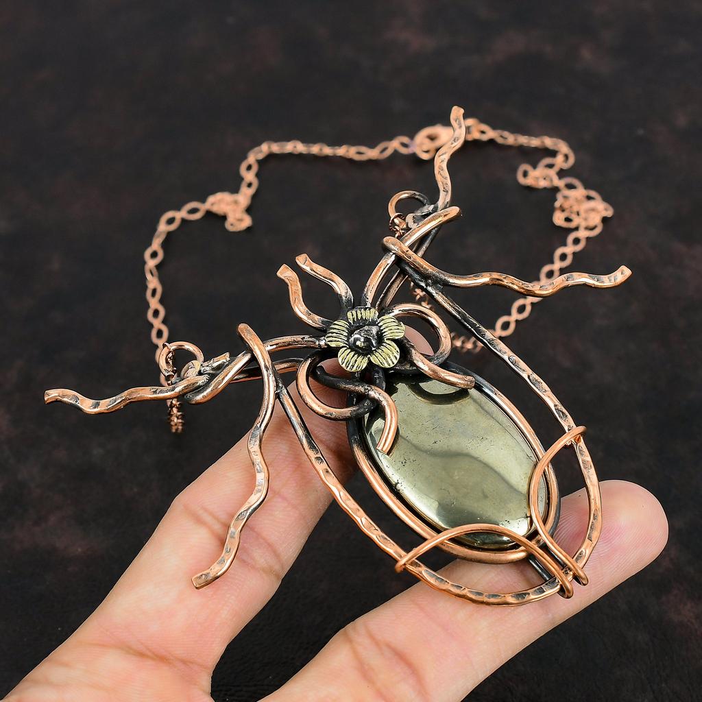 Ожерелье из пирита, ожерелье, обмотанное медной проволокой, украшения ручной работы, ожерелье с регулируемой цепочкой, замечательные медные украшения, ожерелье с драгоценным камнем для подарков