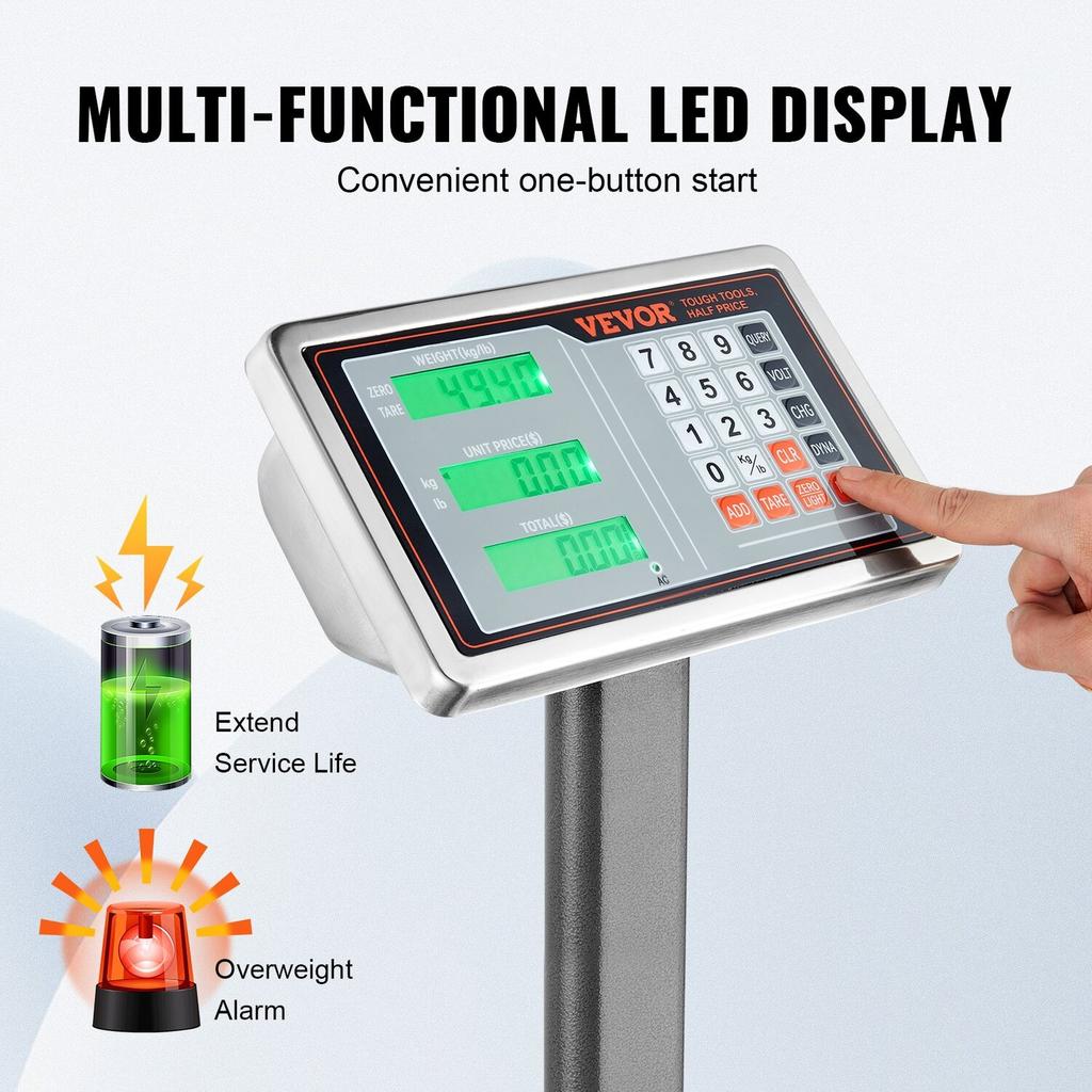Computing Digital Platform Scale, 300 kg Load, 50 g High Accuracy, Electronic Floor Scale with LB/KG, Tare, Price Calculator, AC/DC Power Supply, Fit
