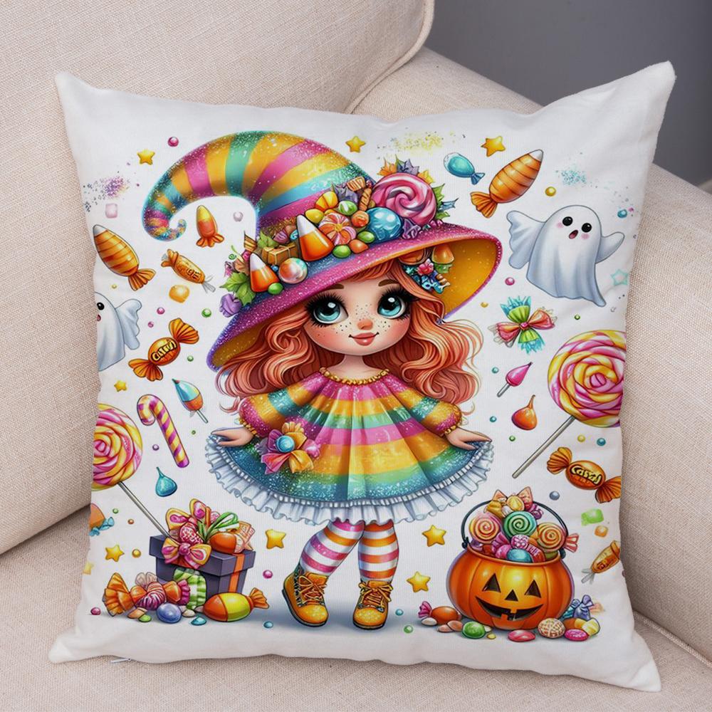 Halloween Candy Girl Cushion Cover Decor Cute Cartoon Child Pillowcase for Children Room Home Sofa Soft Plush Pillow Case