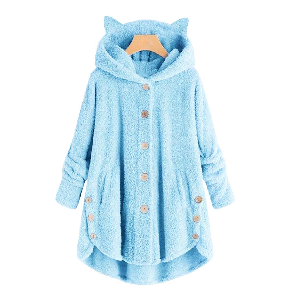 Amazon 2025 autumn and winter European and American buttons hooded cat ears plush top irregular trendy brand solid color coat women