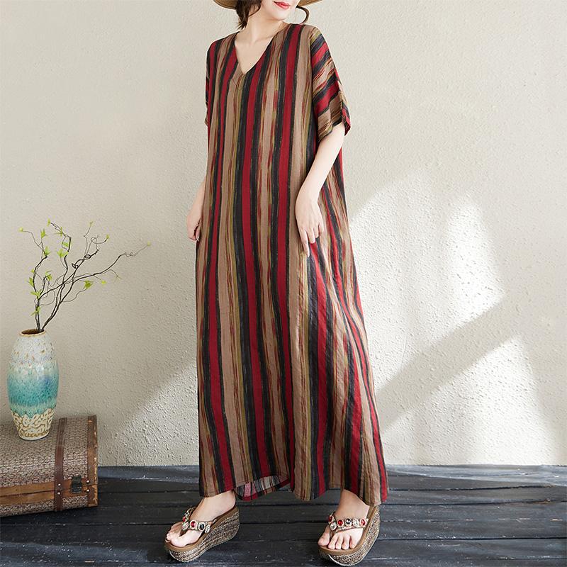 DIMANAF 2025 Летнее женское длинное платье больших размеров, свободное, оверсайз, винтажное, повседневное, с V-образным вырезом, базовое, в полоску