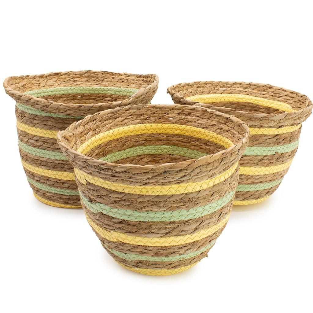 Seagrass & Straw Vase Shaped Baskets – Natural Yellow & Green – Set of 3