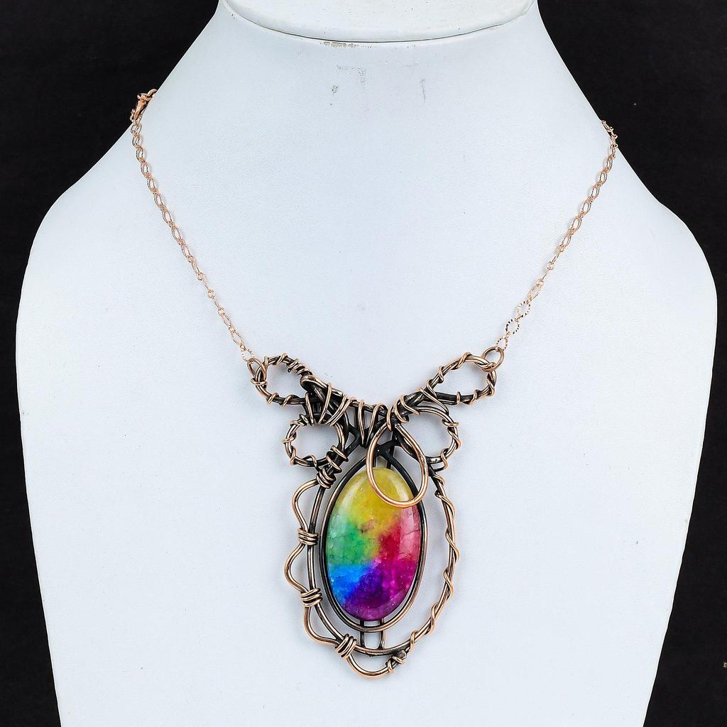 Ожерелье Друза Радужного Солнечного Кварца, Ожерелье из Драгоценного Камня, Оплетенное Медной Проволокой, Ожерелье с Регулируемой Цепочкой, Медные Украшения Ручной Работы, Подарки на Помолвку