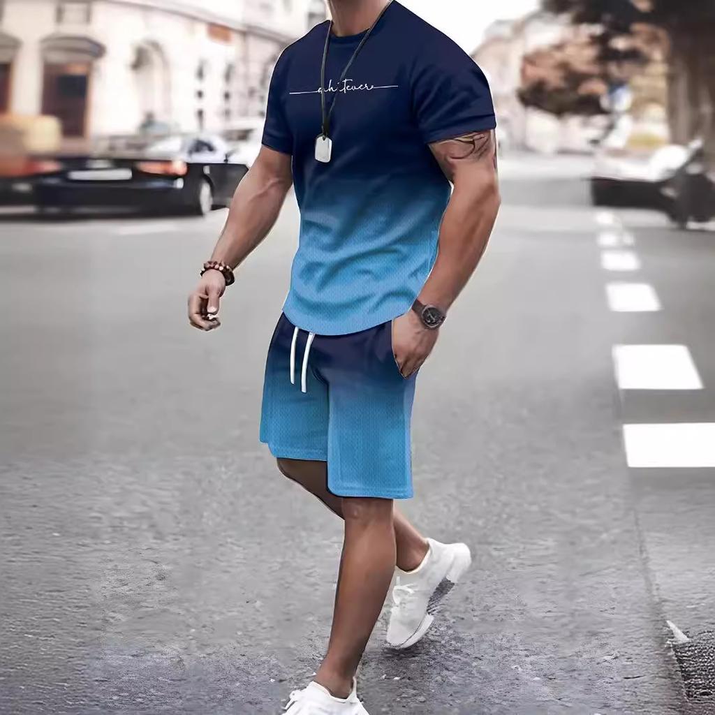 Летние крутые модные мужские шорты с короткими рукавами и градиентом, комплект с простой футболкой с 3D принтом и буквами, мужская уличная одежда из двух предметов, спортивная одежда