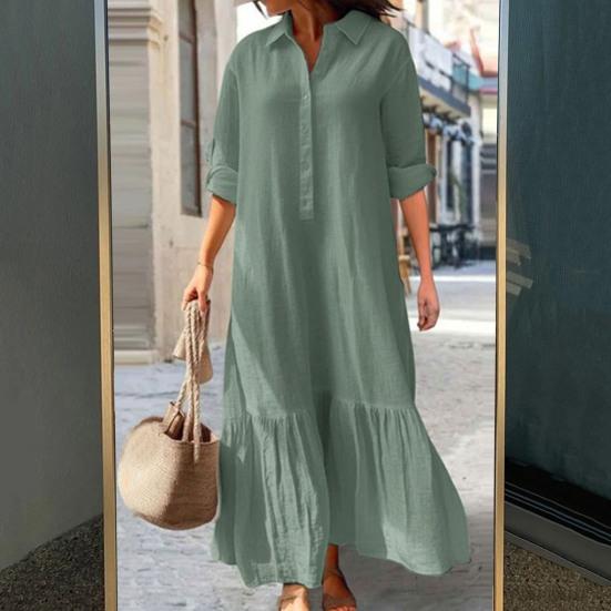 Летнее Весеннее Женское Платье Лацкан Длинный Рукав Рюши Пэчворк Плиссированное Свободное А-силуэт