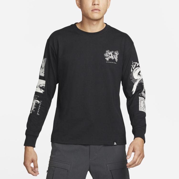 Nike Спортивная футболка с круглым вырезом и длинными рукавами с исландским принтом, мужские топы, черные DJ5803-010