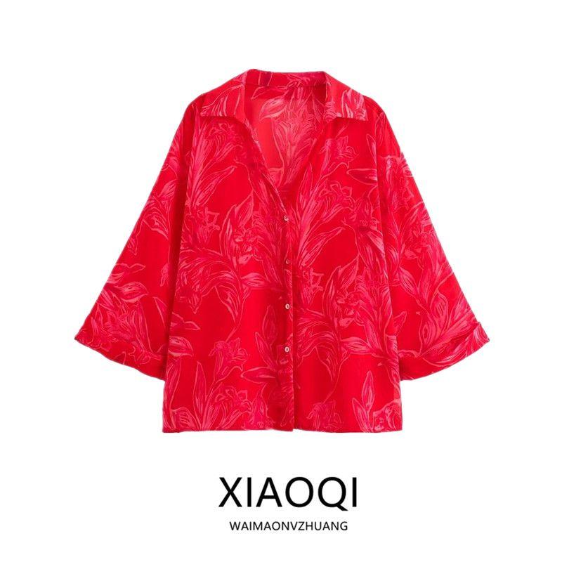 Fashion Style 2024 Autumn New Arrival Women's Stylish All-Match Commute Flower Print Transparent Shirt 8691137