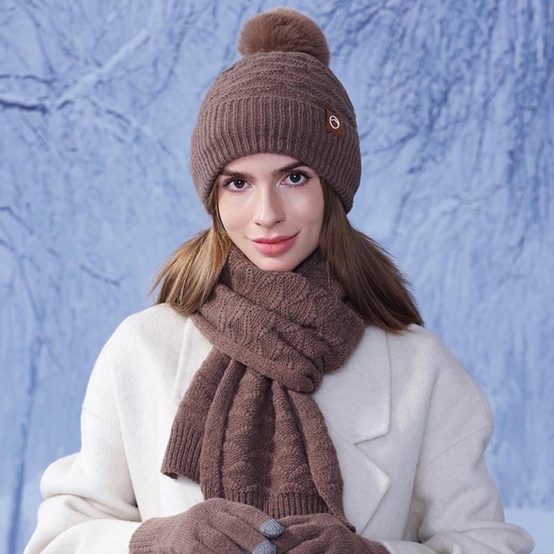 Winter Warm Hat Scarf Gloves Three-piece Set Women's Outdoor Velvet Thick Earmuffs Knitted Wool Cap