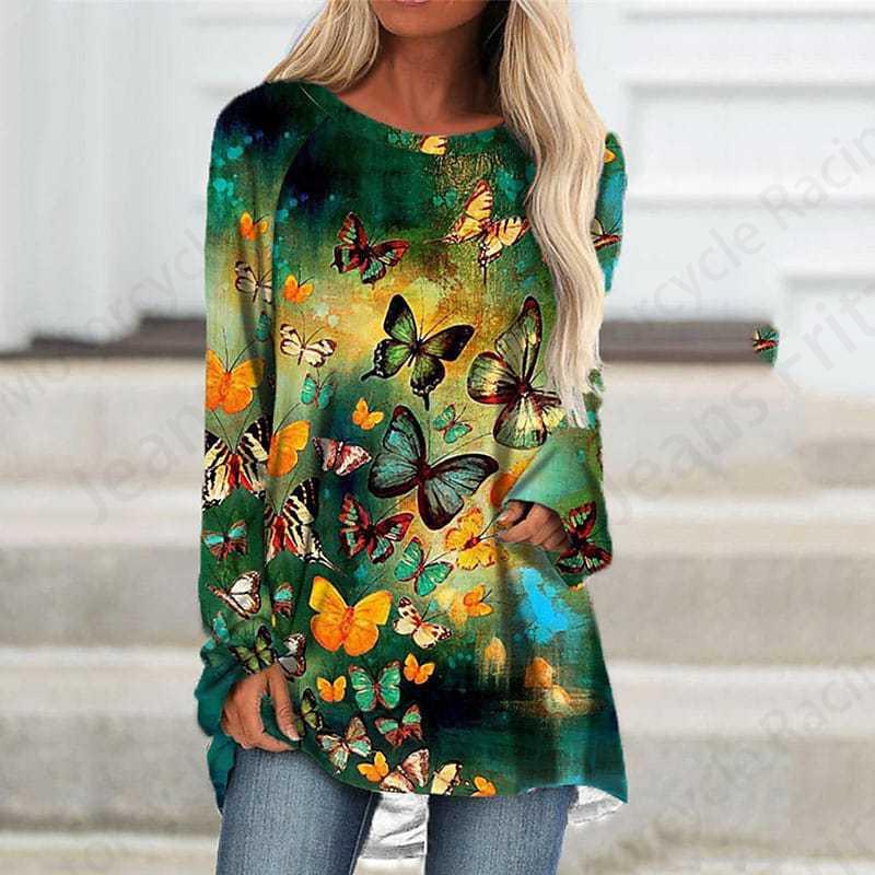 Футболка с длинным рукавом и принтом бабочки 3D, женская мода, длинная туника с круглым вырезом, женская осенняя одежда с изображением животных, женские топы в стиле Y2k