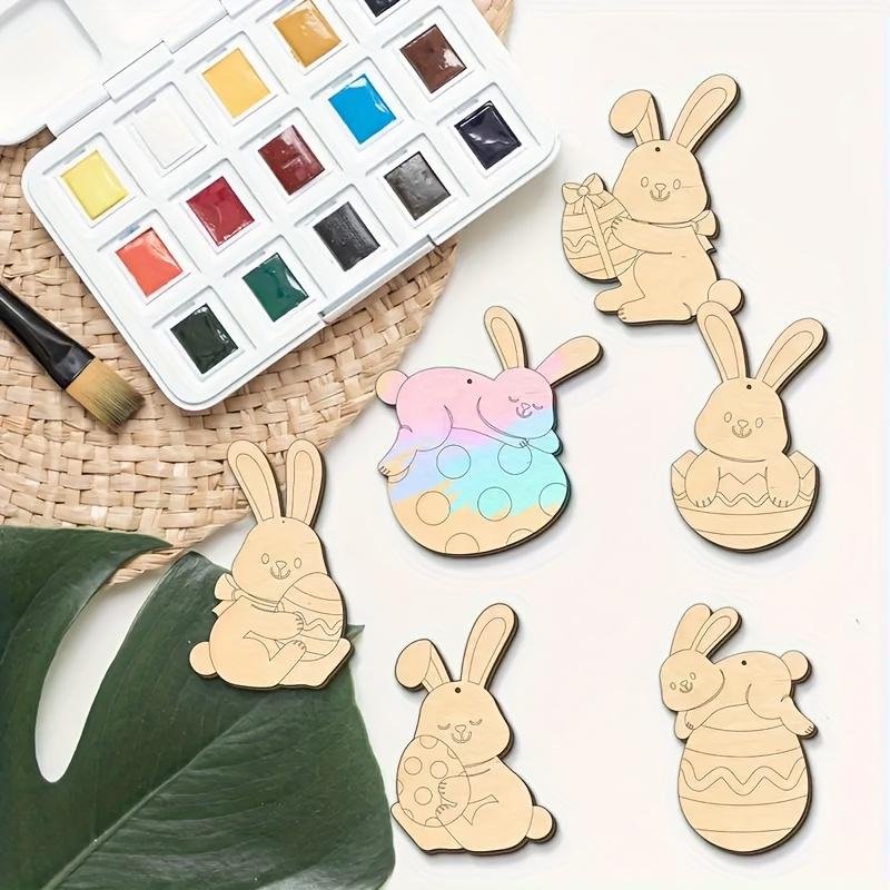 24pcs Easter Bunny & Egg Wooden Hanging Decorations Kit - DIY Paint-Your-Own Craft Set with Twine, Colorful Blank Wood Chips for Festive Home