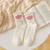 Warm Autumn Flower Trendy Tulips Pattern Sweet Thick Coral Velvet Middle Tube Korean Style Socks Female Socks