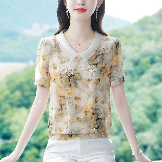 Новая летняя шифоновая рубашка с коротким рукавом, кукольный вырез, лоскутный топ с цветочным принтом, женская свободная блузка для матери, M-5XL