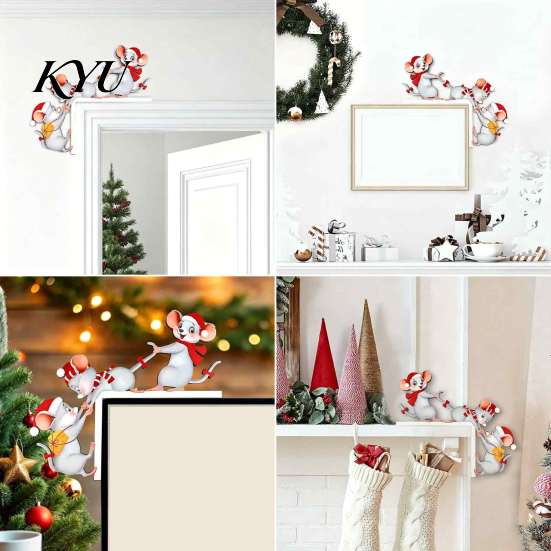 Seasonal Decorative Wood Craft Christmas Cartoon Three Mice Wooden Door Frame Decor, Santa Mouse Festive Animal Wall Art Corner Ornament, Xmas