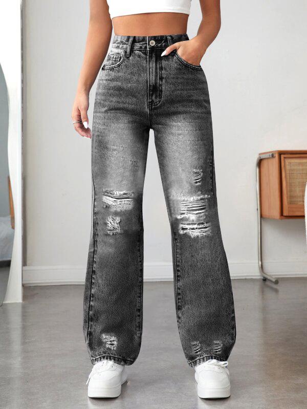 2025 Women's Trendy Ripped Straight-Leg Jeans - European and American Style, Loose Fit
