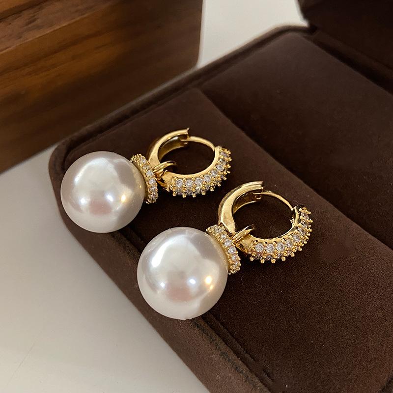 Shijia Pearl Earrings, Earrings, Japanese And Fashion High-End Atmosphere, Full Of Diamonds, Exquisite French Light Luxury Ear Buckles, Women
