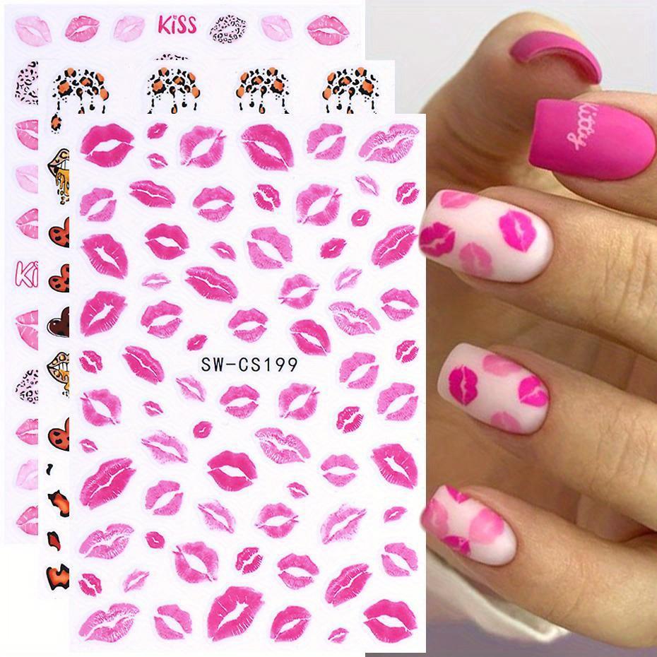 3D Sexy Lips Stickers Leopard Print Love Heart Letter Pink Rose Red Lips Valentines Manicure DIY Romantic Nail Decoration