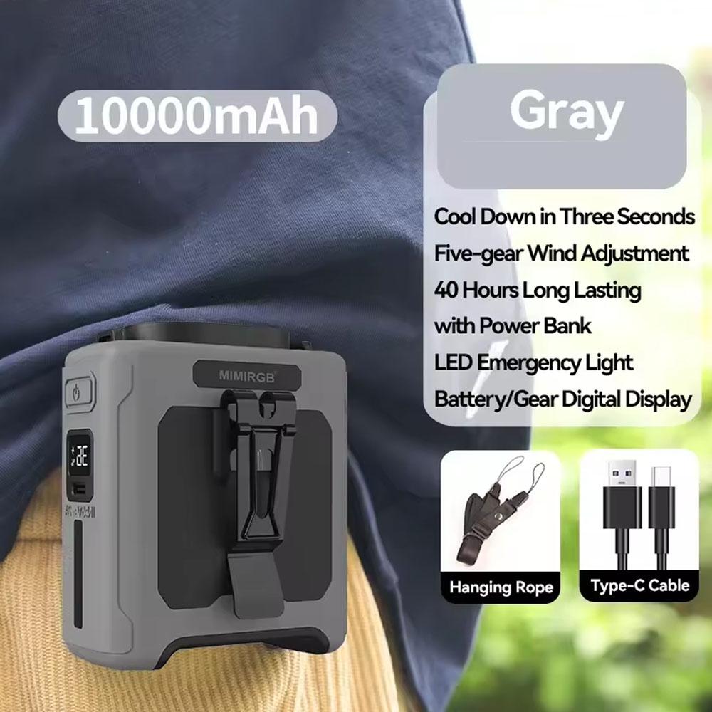 Поясной вентилятор 10000 мАч с функцией Power Bank, 5 скоростей, портативный, Hands-Free, перезаряжаемый, дисплей уровня заряда батареи, USB-зарядка