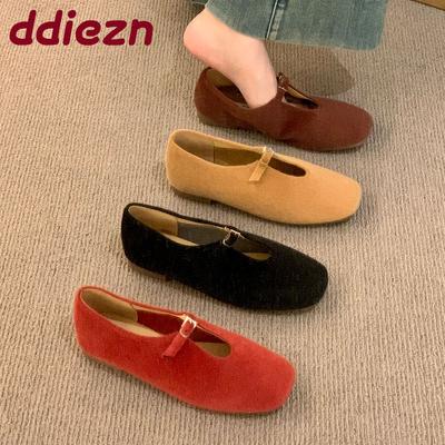 Модная пряжка Модные флоковые женские туфли Мэри Джейн на плоской подошве Женская обувь с квадратным носком Неглубокие женские балетки Обувь слипоны