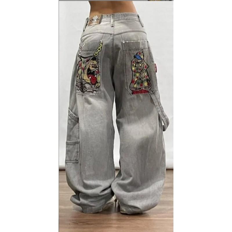 Mens Gothic Streetwear Denim Pants Loose Straight Cut Water Washed Cotton Jeans Youth