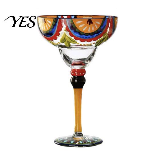 Party Drinkware Mexican Hand Painted Margarita Glass, Champagne Cocktail Glasses, Modern Retro Pattern Glass Bar Goblet for Kitchen Table Decoration