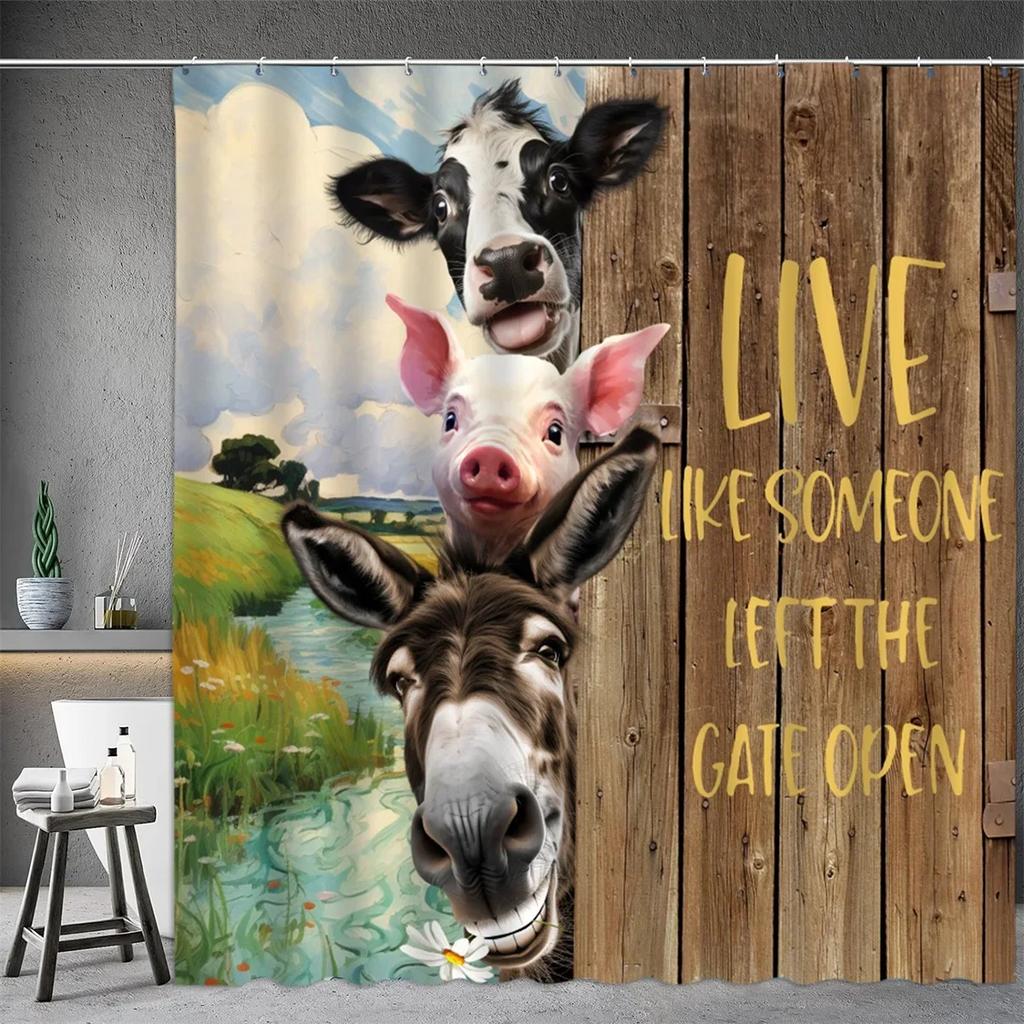Farm Animal Shower Curtain, Oil Painting Farmhouse Barn Door Donkey Cow Pig Sunflower Spring Bathtub Partition Bathroom Decor