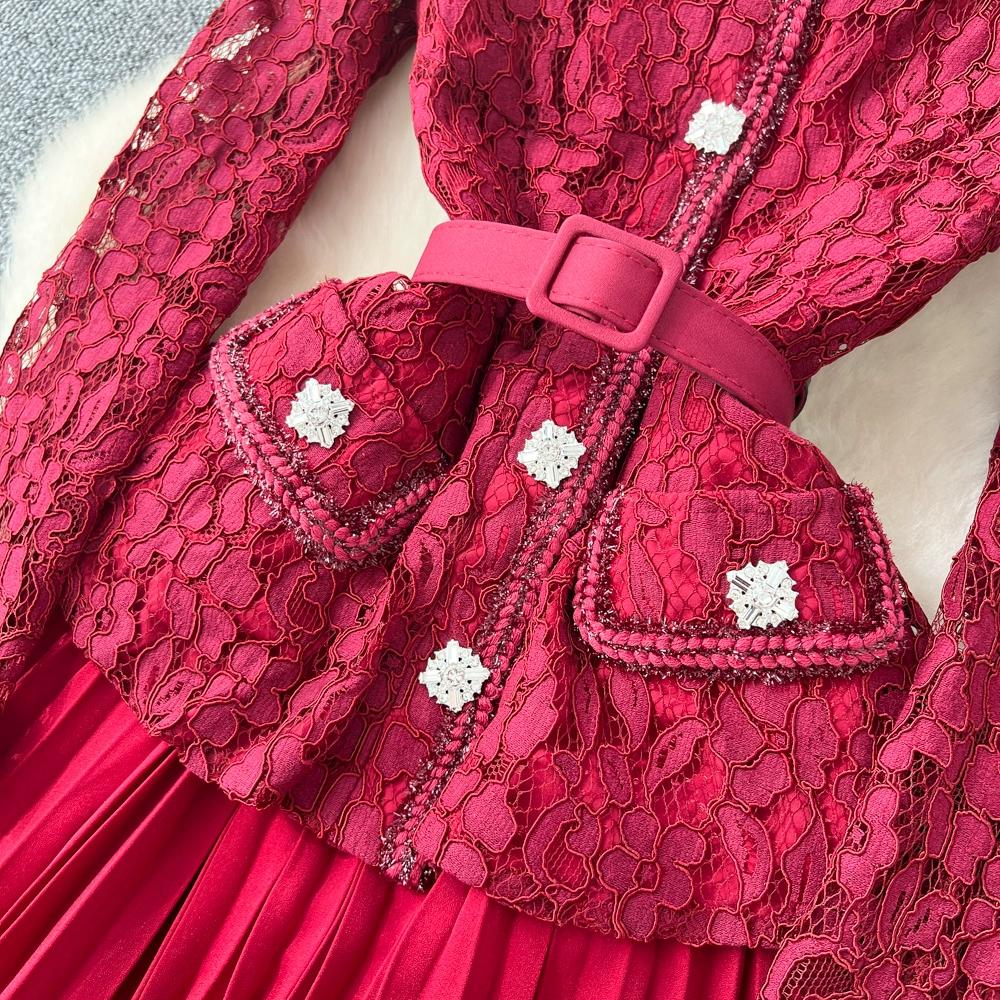 Платье высокого класса для женщин на осень, французская мода, кружевное, с длинными рукавами, пэчворк, с акцентом на талии, плиссированное длинное платье