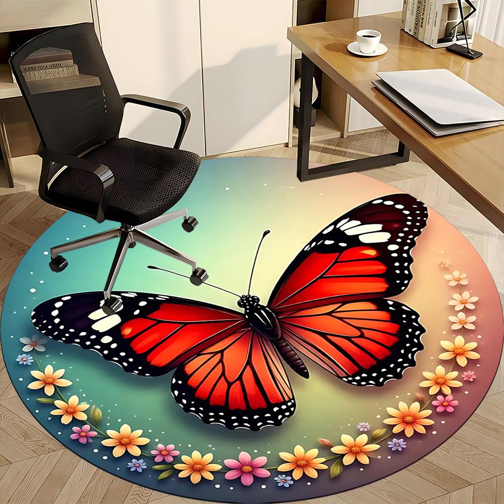 1pc Butterfly Print Chair Carpet for Office, Round Polyester Mat, Indoor Decor for Office, Washable Non-slip Carpet yy251219008