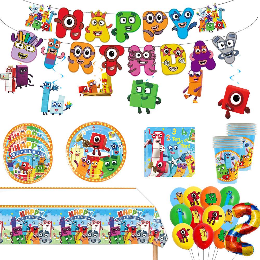 Cartoon Colorful Squares Theme Birthday Party Decorations Rainbow Characters Party Supplie Plates Tablecloth Banners Baby Shower