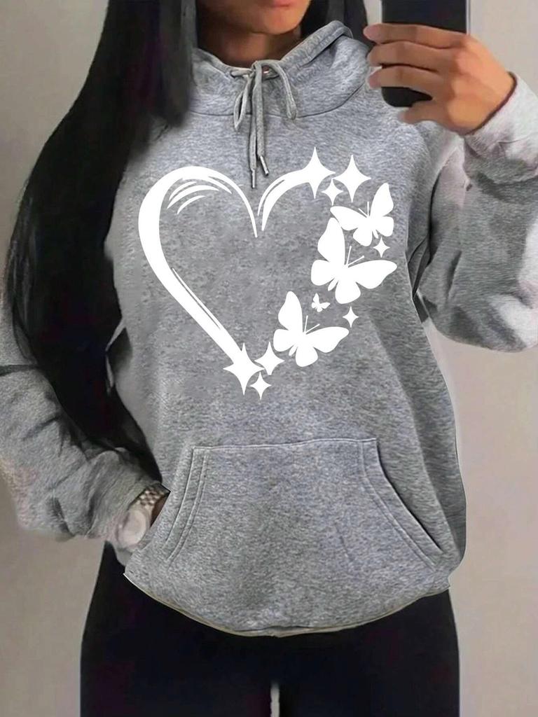 Women's Loose Fleece Hoodie with Love & Butterfly Print