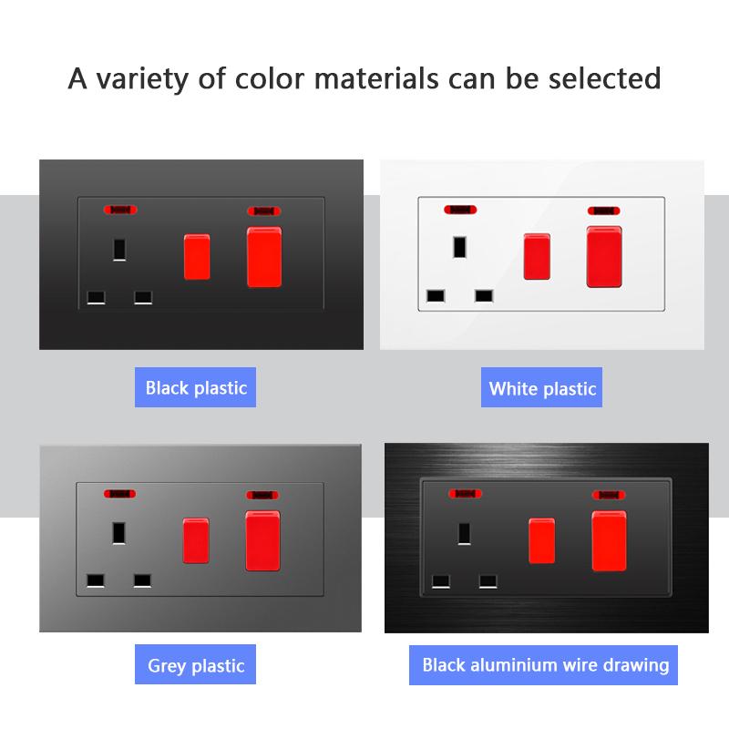 146 UK Standard 45A High Power Kitchen Electric Switch Socket 13A Wall Power Supply Cooker Glass Plastic Aluminum outlet Black