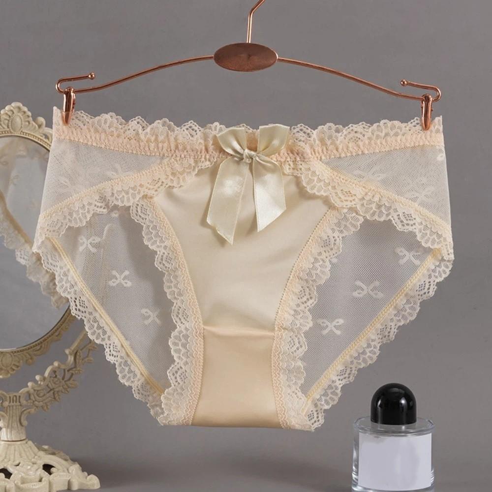 Breathable Low Waist Lace Panties Transparent Cotton Crotch Mesh Flower Briefs Lingerie Bow Lace Thin Underwear Lady