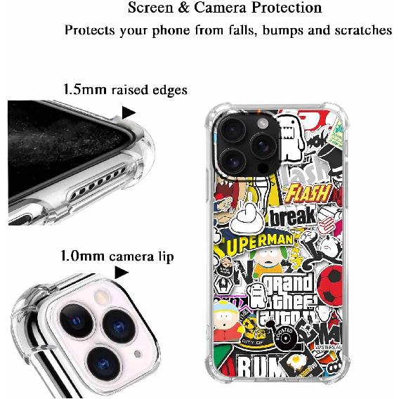 Чехол для iPhone 16 Pro Max с дизайном в стиле поп-культуры, Эстетичный чехол с коллажем из мультяшных стикеров Pop-Art для мужчин и женщин, Прозрачный тонкий мягкий ТПУ