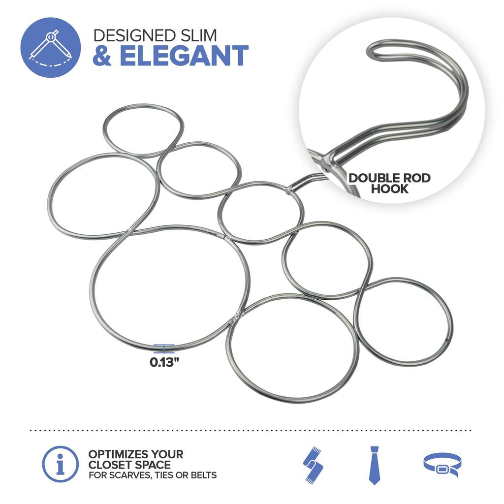 Exultimate Scarf Organizer, Anti-Snagging Closet Scarf Hanger, Space-Saving Scarf Hanger for Closet Organization and Storage, 8 Satin Chrome Rings
