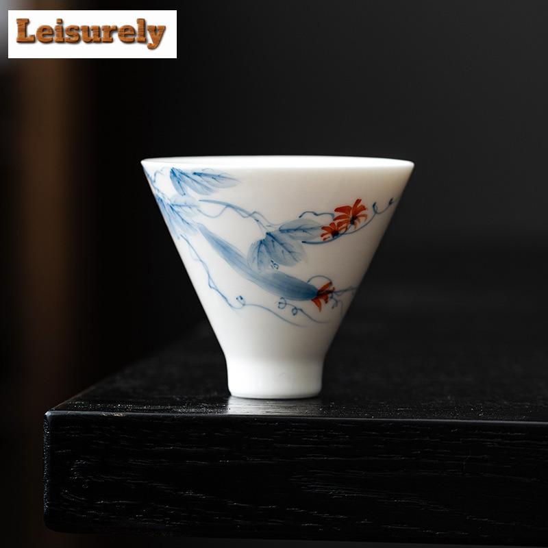 2pc/set Hand-painted Loofah Teacup Dehua White Porcelain Bamboo Hat Cup Master Single Cup Chazhan Kung Fu Teaset Drinking 50ml