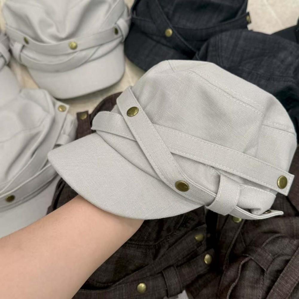 Metal Button Retro Equestrian Cap Cross Ribbon Rivet Top Cap Vintage Visor Hat Chic Girls