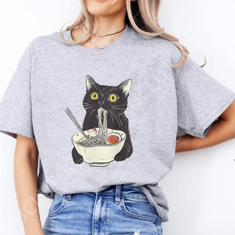 Noodle Cat Женские футболки Смешные Ramen Черная футболка с кошкой Женская одежда Обычные топы с коротким рукавом Женская мода Футболки с мультяшной графикой Женские