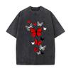 Red Black White Butterfly Pattern Washed Vintage Short Sleeve Loose Streetwear Tee