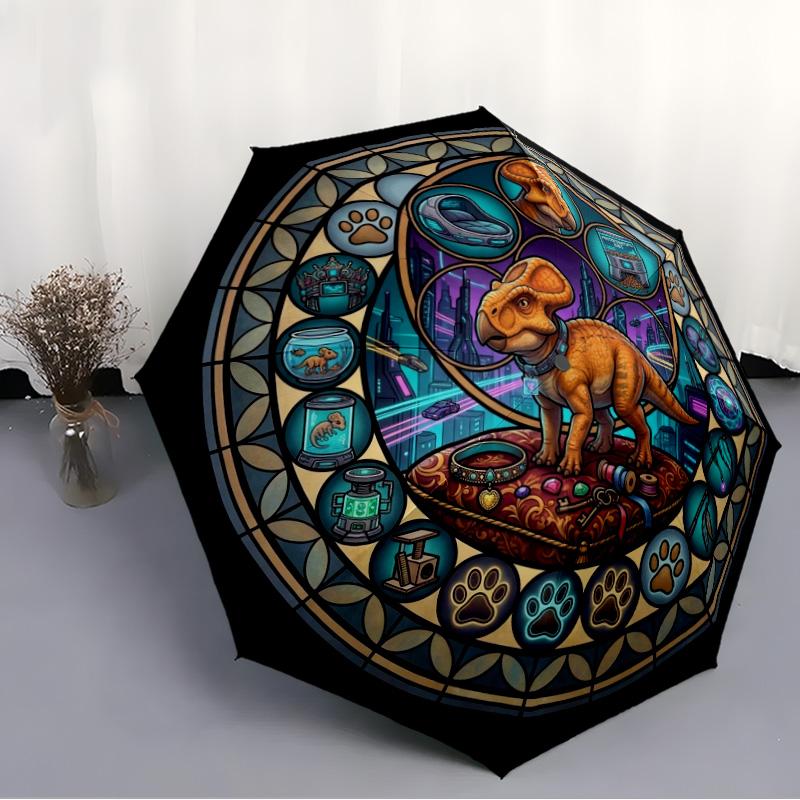Glass Dinosaur Fantasy pattern umbrella, portable and foldable design, 8 ribs, a casual accessory for Halloween, Christmas, and birthday gifts.