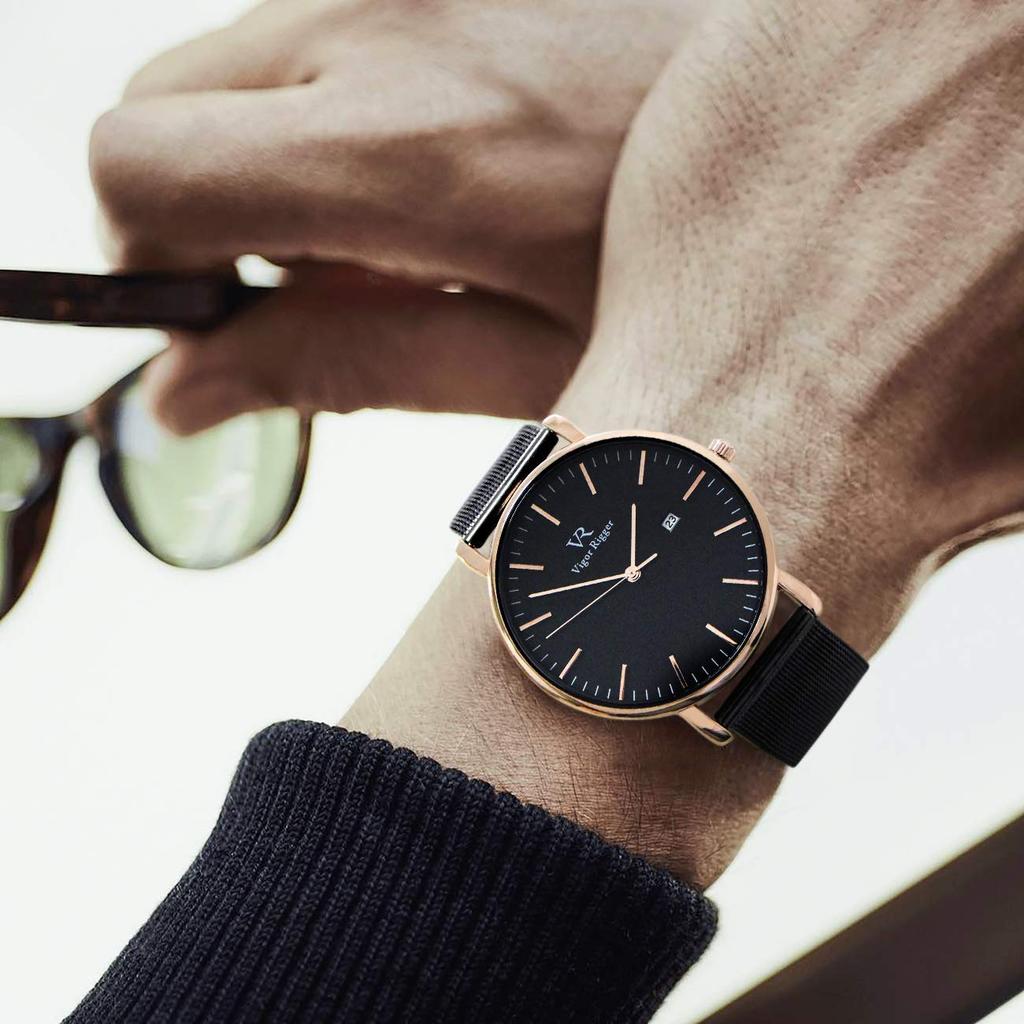 Простые стильные брендовые популярные ультратонкие легкие аналоговые часы деловые водонепроницаемые кварцевые наручные часы розовое золото черные [BUREI] мужские мужские -