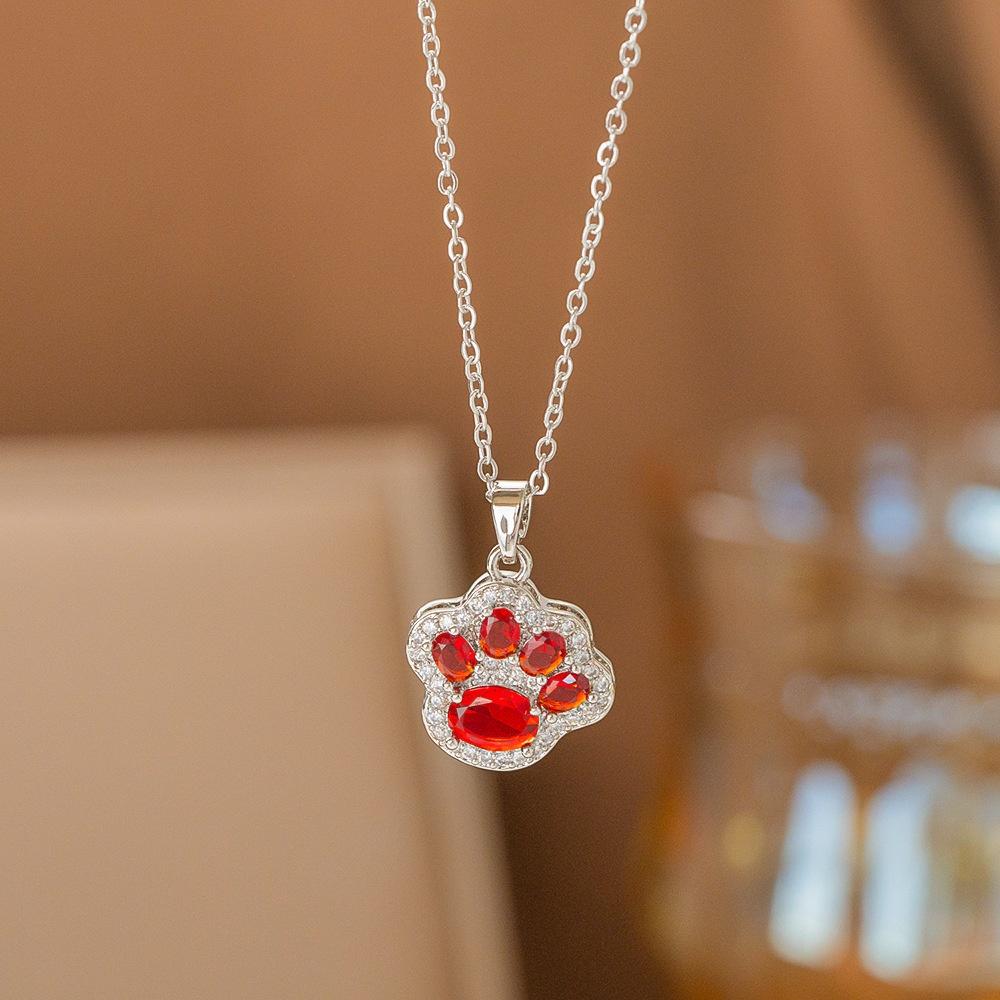 Cute Female Crystal White Red Zircon Stone Cat Paw Pendant Necklace Vintage Gold Silver Color Wedding Jewelry For Women